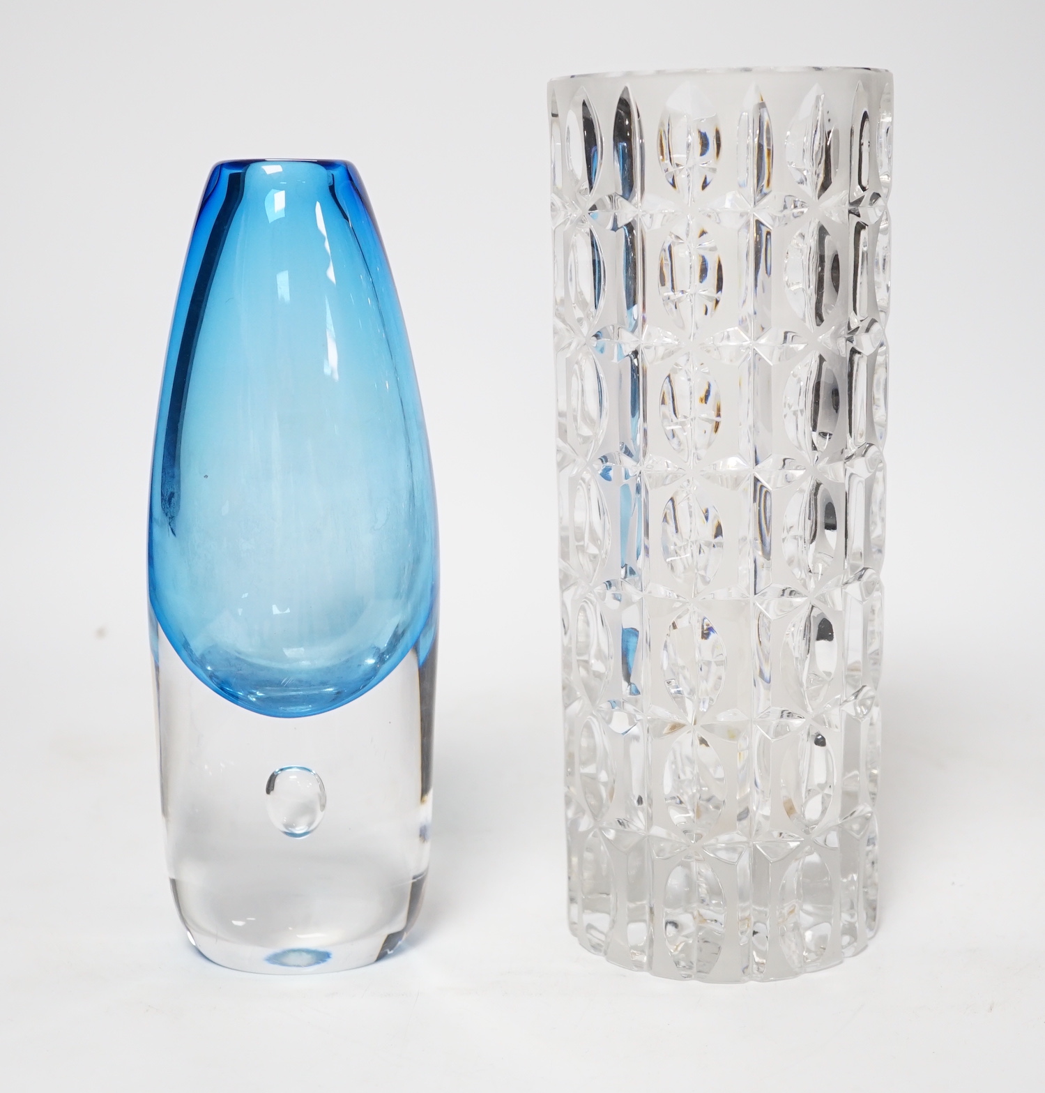 An Orrefors blue glass vase and a similar cut glass vase, tallest 24cm (2)